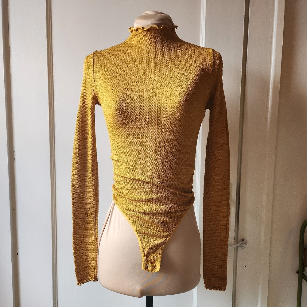 Free People Lettuce-Edge Mustard Yellow Turtleneck Long Sleeve Bodysuit